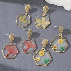Creative Dried Flower Daisies Hexagonal resin pendant Earrings
