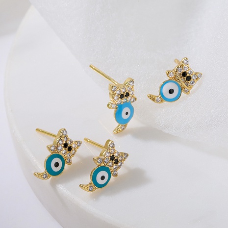 Cute Cat Copper Plating 18K Gold Dripping oil Zircon earrings's discount tags