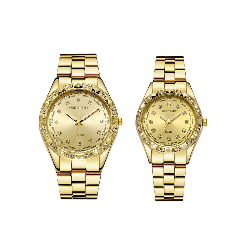 Neue Mode Diamant Stahl Strap Gold Quarz Einfache Skala Paar Uhr