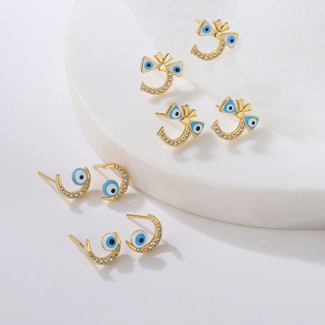 Cute Irregular Geometric Blue Eye Stud copper gold-plated inlaid zircon Earrings's discount tags