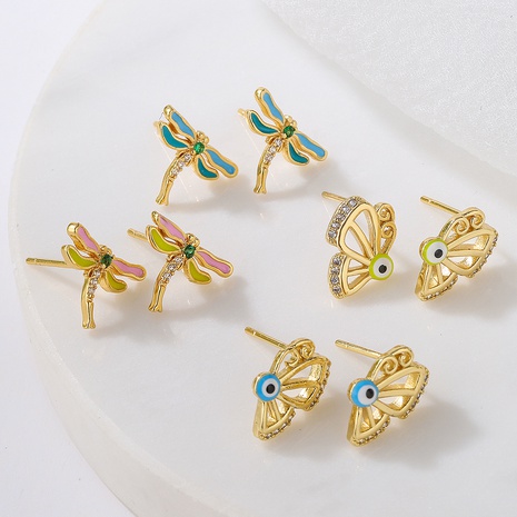 cute style Copper Plating 18K Gold Drop Oil Zircon Dragonfly Butterfly Stud earrings's discount tags