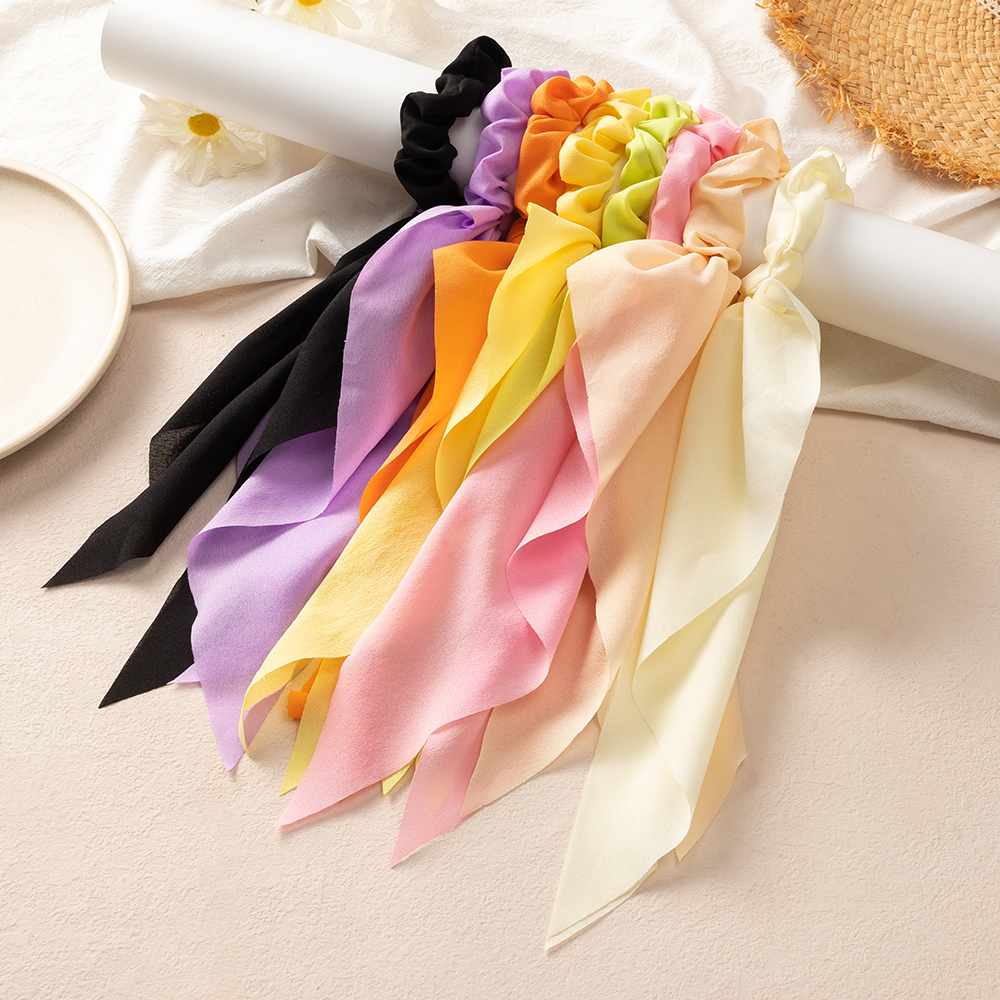 new Style Solid Color Satin Long Ribbon Hair Accessories bow hair scrunchiespicture2