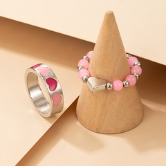 Fashion Pink Bead Contrast Color Oil Drop Heart Alloy Ring 2-Piece Set
