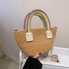 2022 New Fashion Straw Woven Pearl Chain Portable Shoulder Contrast Color Messenger Bag