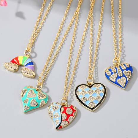 New style Color Oil Dripping Heart Colorful copper Inlaid Zircon Rainbow Pendant necklace's discount tags
