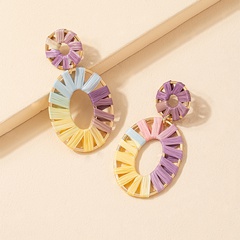 Fashion Hand-Woven Raffia Oval Colorful Alloy Earrings Ornament