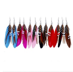 Retro Bohemian Colorful Beads Flowing Feather Long Metal Earrings