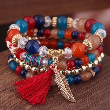 Simple Colorful Acrylic Beads Tassel Leaves Pendant Multi-Layer Bracelet's discount tags