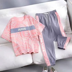 Summer New contrast color Short Sleeve Sports T-shirt shorts Suit