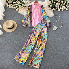 new style contrast color Printing Lapel Puff Sleeve Shirt Women's High Waist Slim-Fit Pants Suit