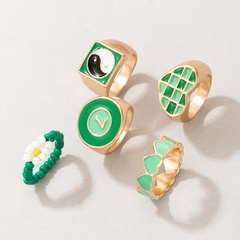 Mode Farbe Kontrast Herz Blume Perle plaid Tai Chi Bunte Öl Tropft Ring Set