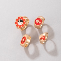 Flower Geometric Red Dripping Oil flame Tai Chi Alloy Ring Four-Piece Set