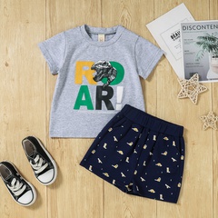Boys Summer New Dinosaur Letter Print Short-Sleeve Cotton Casual Two-Piece Suit