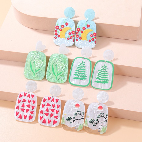 Fashion New Three-Dimensional Printing Landscape Painting Heart Shaped Acrylic Earrings's discount tags