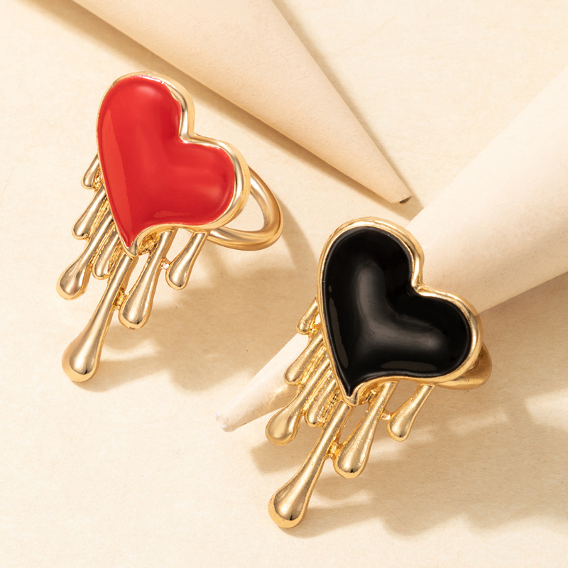 Creative Red Flow Heart Drop Oil Contrast Color Ring 2Piece Setpicture4