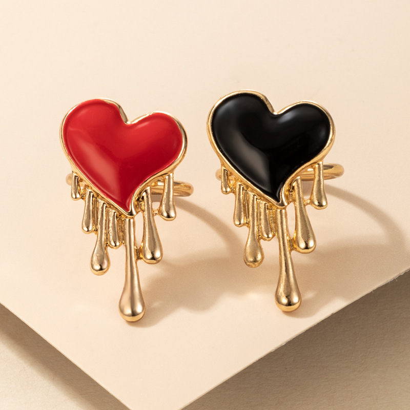 Creative Red Flow Heart Drop Oil Contrast Color Ring 2Piece Setpicture5