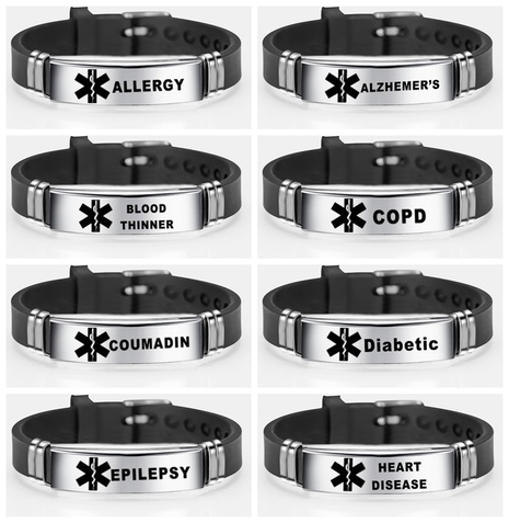 Fashion Stainless Steel Life Star Medical Silicone Bracelet Diabetes Letter's discount tags