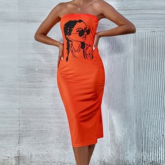 Fashion Black Woman Print Solid Color Orange Skirt Dress