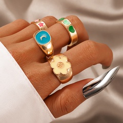 Retro Colorful Oil dripping Heart Flower Star Moon Ring 4-Piece Set