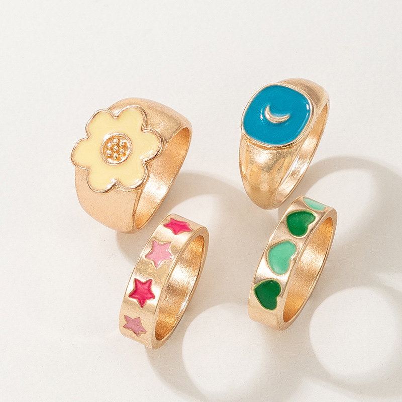 Retro colorido aceite goteo corazn flor estrella Luna anillo Conjunto de 4 piezaspicture6