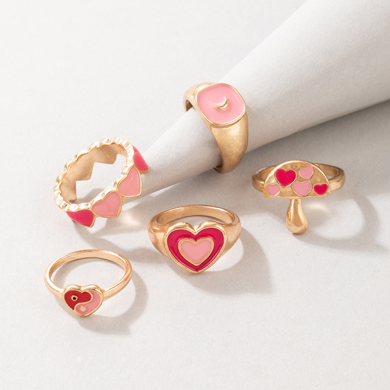 New Style Pink heart Mushroom Tai Chi Oil Dripping Ring 5Piece Setpicture4