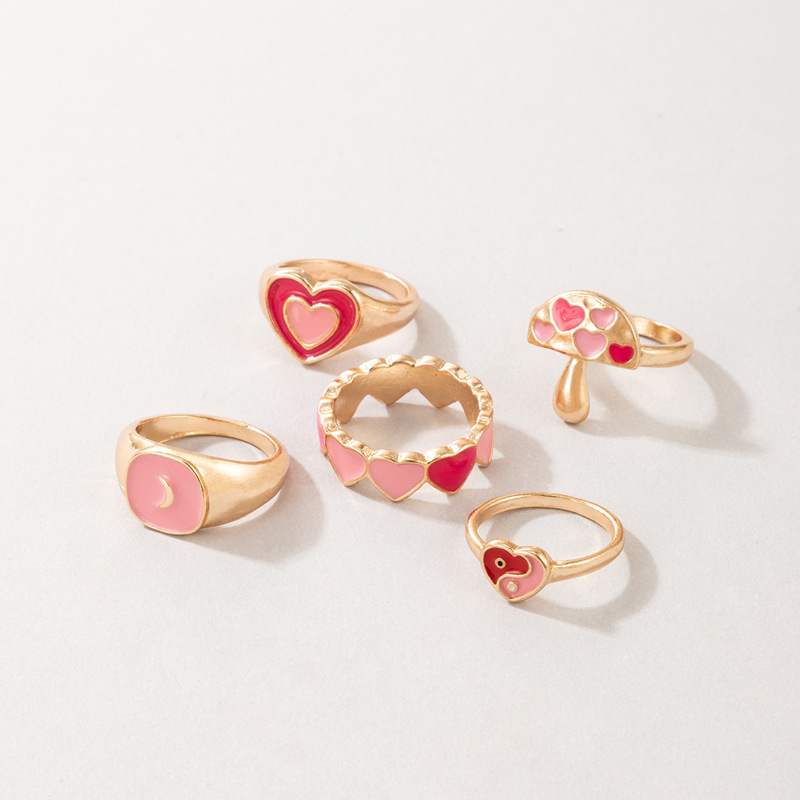 New Style Pink heart Mushroom Tai Chi Oil Dripping Ring 5Piece Setpicture5