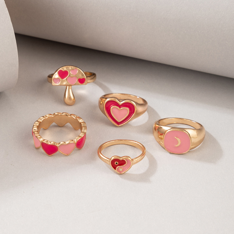 New Style Pink heart Mushroom Tai Chi Oil Dripping Ring 5Piece Setpicture6