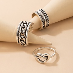 Retro Ethnic Style Wide-Brimmed Chain Heart-Shaped Geometric Ring 3-Piece Set