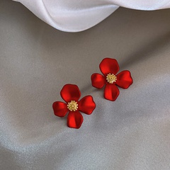 Fashion Red Petals Cute Small Four-Petal Flower Alloy Stud Earrings