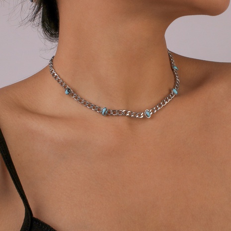 Collar de aleación turquesa con incrustaciones de cadena plateada estilo Simple de moda's discount tags