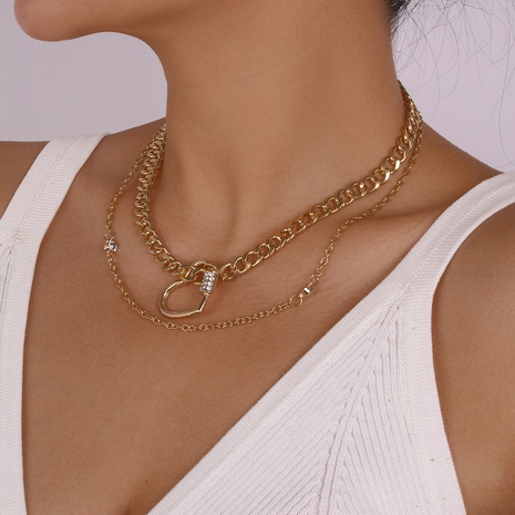 Mode Geometrische herz form doppel schicht Intarsien strass legierung Halskette's discount tags