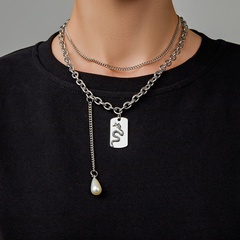 Fashion Double-Layer Water Drop Pearl Snakes Square Pendant Clavicle Chain Necklace