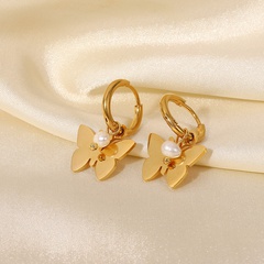 Nuevo estilo 18K chapado en oro suave mariposa perla colgante pendientes de acero inoxidable