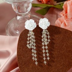 Fashion White Acrylic Camellia Flower Long Tassel Crystal Chain Earring