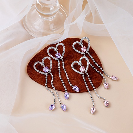 Fashion Large Heart Shaped Long Tassel Inlay Rhinestone Alloy Earrings's discount tags