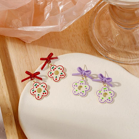 Fashion Cute Cherry Flower Pendant Bow Alloy Earrings's discount tags
