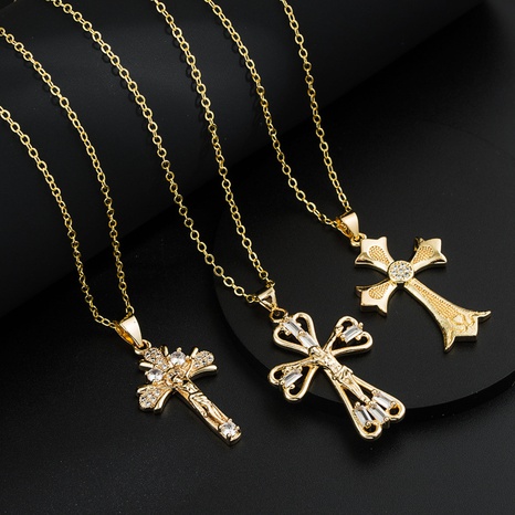 Mode Gold-Überzogene Kupfer Anhänger Intarsien Zirkon Kreative Kreuz Halskette's discount tags