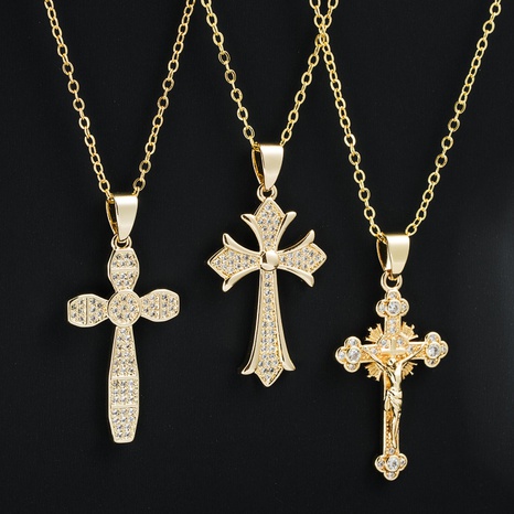 Mode Gold-Überzogene Micro Intarsien Zirkon Anhänger Ornamente Kreuz Halskette's discount tags