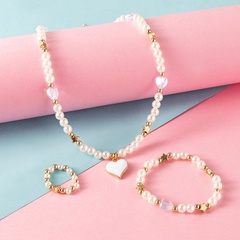 2022 New Fashion Cute Heart Pendant Pearl Bead Necklace Ring Bracelet Children's Jewelry 3-Piece Set