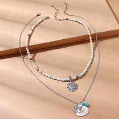 Women'S Fashion Ethnic Style Shell Alloy Glass Shell Glass Bead Shell Pendant Necklace Layered Necklaces