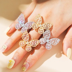 Fashion Gemstone Butterfly Floral Three-Dimensional Hollow-out Rhinestone Copper Open Ring
