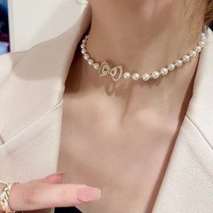 vintage fashion adjustable golden bow inlaid rhinestone Pearl alloy Necklace