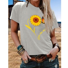 Fashion SUNFLOWER Printed Butterfly round Neck Waist Trimming Short Sleeve T-shirt Top