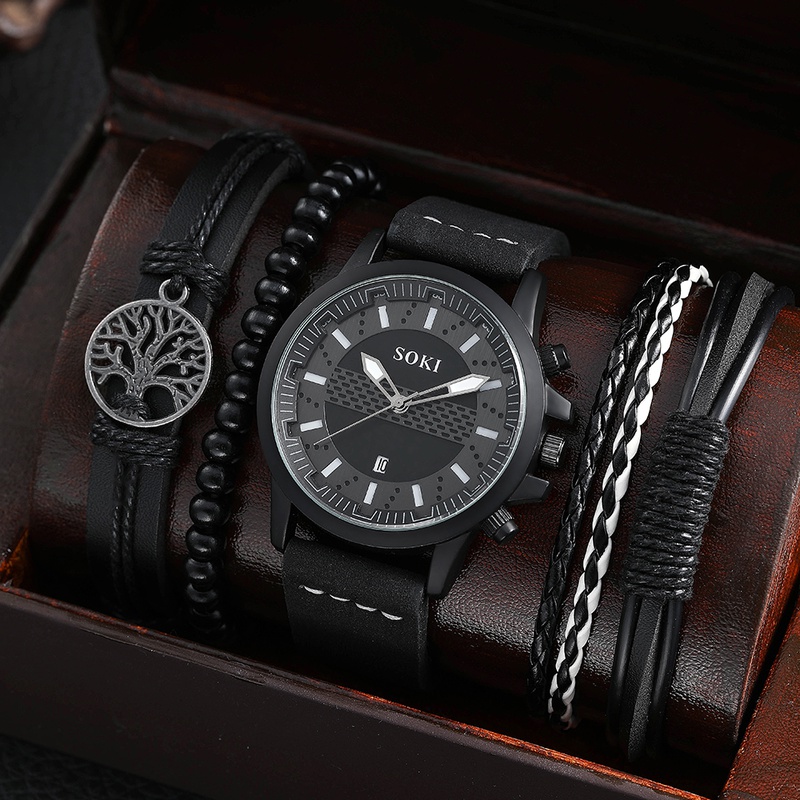 Mens Bracelet Watch Set Fashion Pu Strap Calendar Sports Quartz Watch