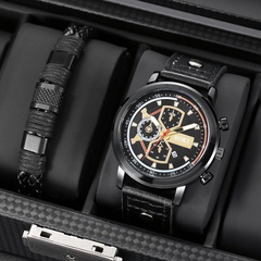 Men's Bracelet Watch Set Casual Pu Strap Calendar Sports Quartz Watch