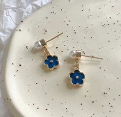 Cute Exquisite Blue Little Flower Pearl Pendant Small Stud Earrings Girl