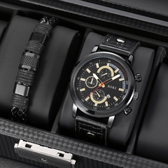 Fashion Casual Pu Strap with Calendar Quartz Watch Men's Watch Bracelet Set