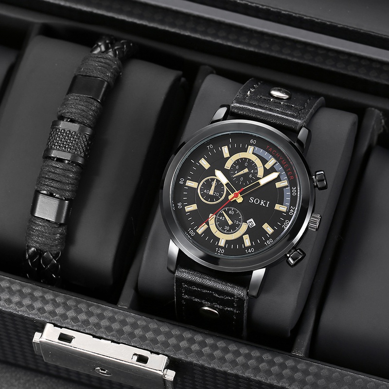 Mode Lssig Pu Strap mit Kalender Quarzuhr herren Uhr Armband Set