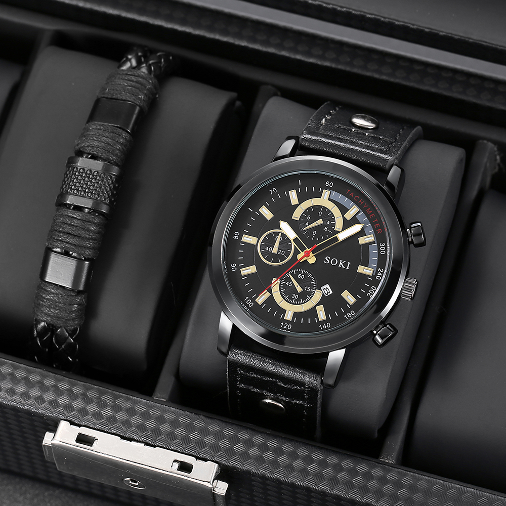Mode Lssig Pu Strap mit Kalender Quarzuhr herren Uhr Armband Setpicture1