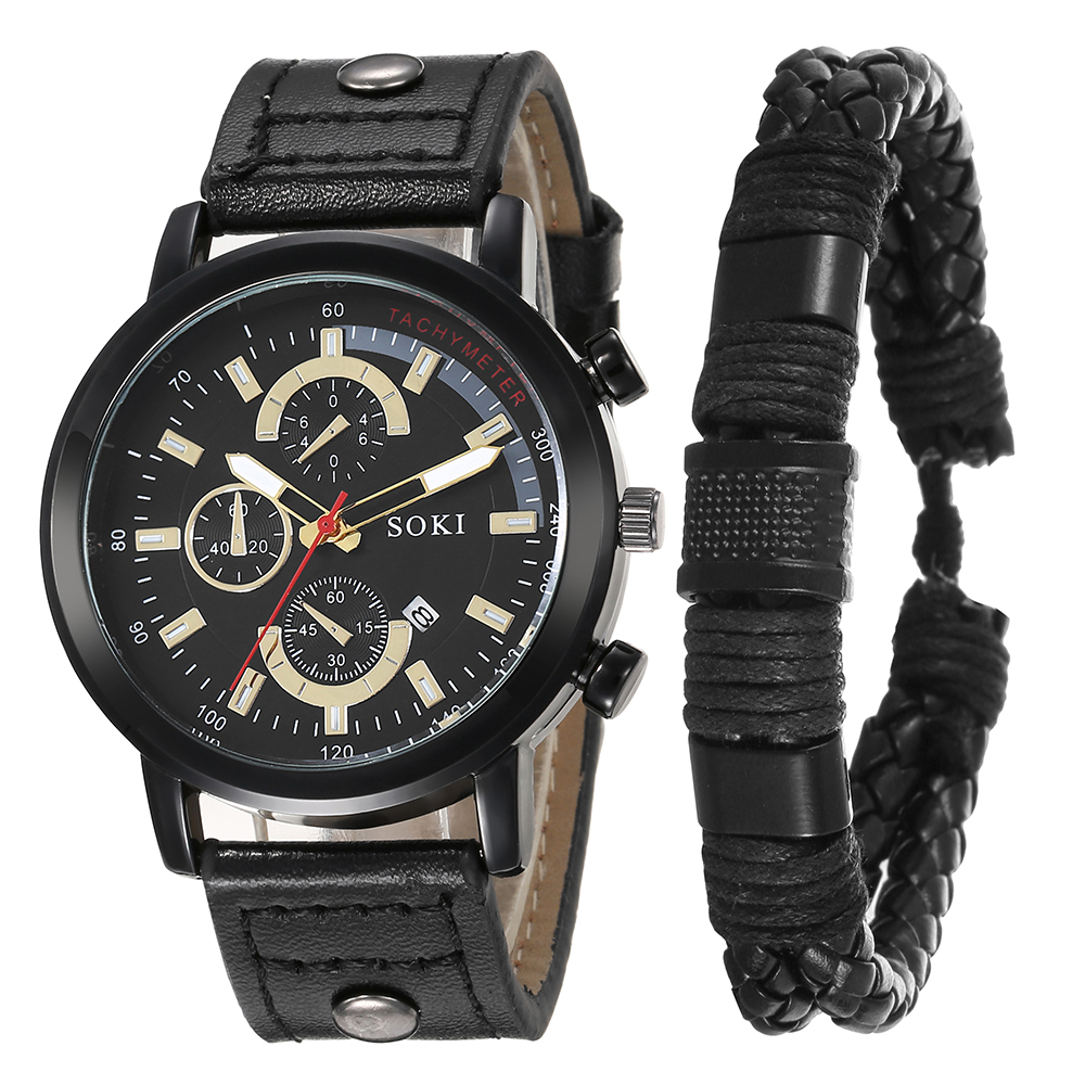 Mode Lssig Pu Strap mit Kalender Quarzuhr herren Uhr Armband Setpicture2